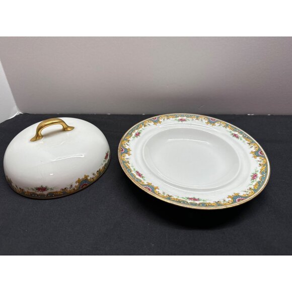 Limoges France Lucie Covered Vegetable Dish With Gold Handle & Floral Design - Picture 2 of 6
